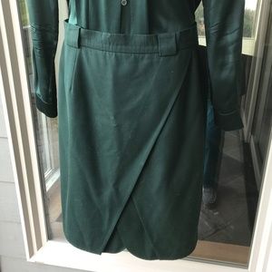 Escada green wool gabardine suit skirt tulip front, 44/14